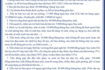 TIỀN HỌC PHÍ VÀ CÁC KHOẢN DỊCH VỤ PHỤC VỤ,  HỖ TRỢ HOẠT ĐỘNG GIÁO DỤC  NĂM HỌC 2021 – 2022 CỦA TRƯỜNG MẦM NON NAM HÙNG